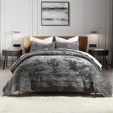 AJOCCI Velvet Quilt Set, Grey Velvet Quilt King Size Comforter Set, Luxury Be...