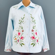 Victor Costa Vtg WMNS MED Lite Blue Snap Front Floral Embroidered Lined Jacket