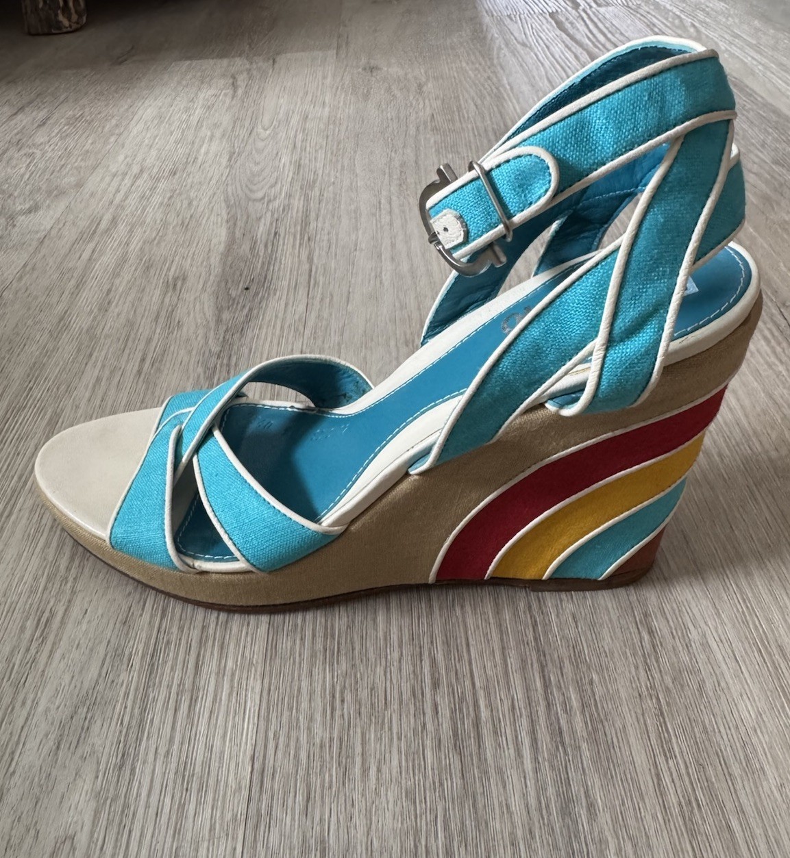 Salvatore Ferragamo Blue/Multi Wedge Ankle Strap Sandal, Size 9.5 Never Worn