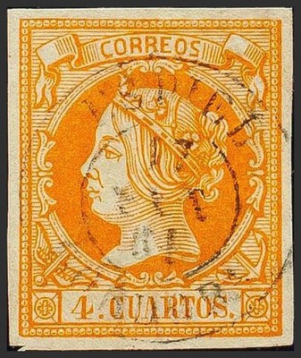 Andalusia. Philately. Used 52. 1860. 4 Quarters Yellow. Cancellation Espiel