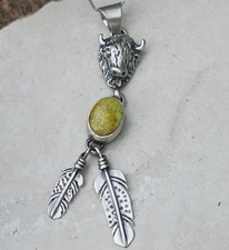 Palomino Variscite "Turquoise" Buffalo Feather Navajo Pendant On Chain