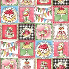 Food Fabric Let's Bake Cupcake Teapot Block Pink Green Studio E YARD