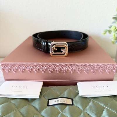 New Gucci Exclusive $2300 Mens Crocodile Caiman Belt Square Buckle Size 85