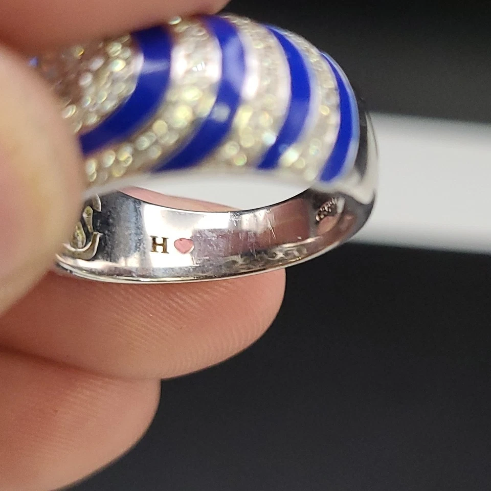 Anillo banda vintage Hidalgo H corazón azul cobalto esmalte circonita cúbica plata esterlina talla 8 QVC Foto 3 de 4