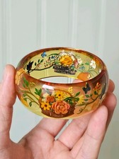 Reverse Carved Painted Apple Juice Bakelite Bangle Antique Bracelet Flowers Bird