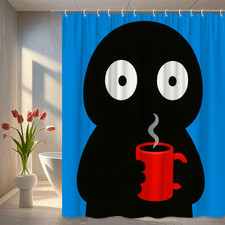 Cute Black Character Shower Curtain with Red Mug and Blue Background