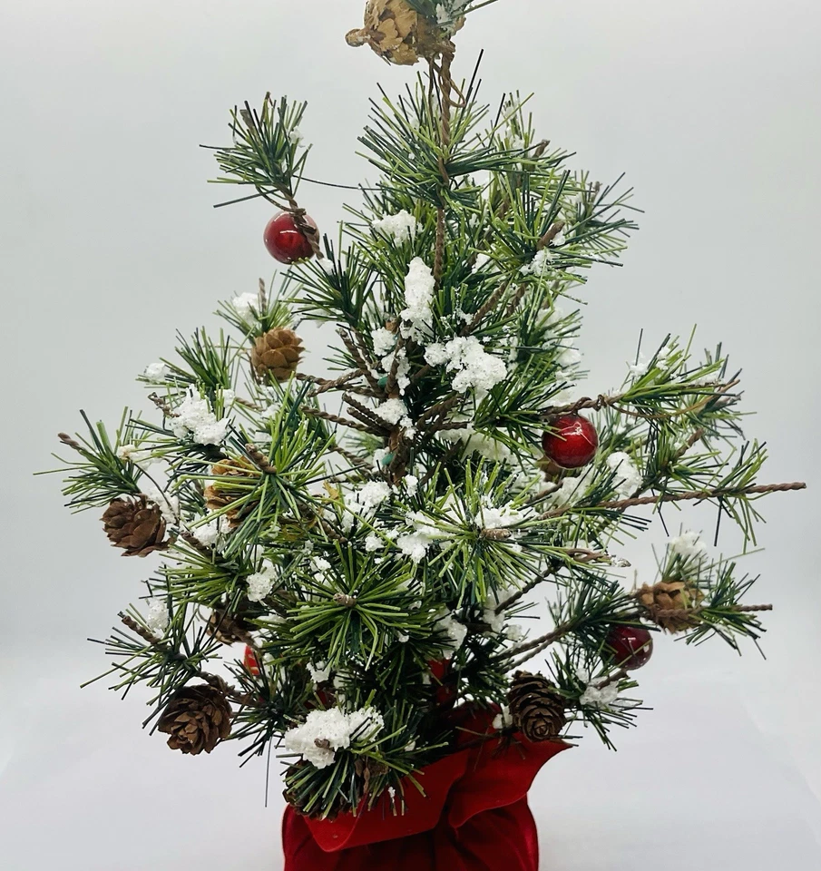Rustic Snowy Brush Pine Tree 12" Christmas Tree Berries Pinecone Red Velvet Base - Image 2 of 4