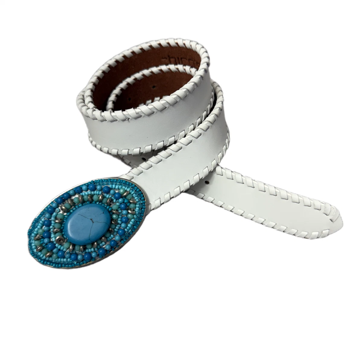Chicos Leather Belt Small Womens White Embellished Buckle Beaded Faux Turquoise CHICO main image 3