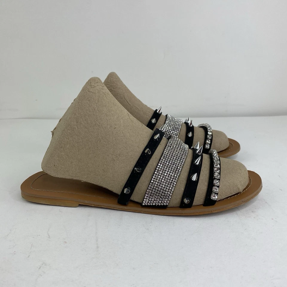 Forever Flip Flop Sandals Size 10 Flat Strapped Silver Spikes And Rhinestones - Image 2 of 4