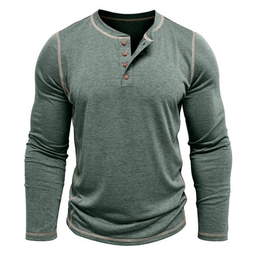 Men's Solid Color Long Sleeved T-shirt Autumn Mens Henley Shirt Four Button Tops - Picture 5 of 43