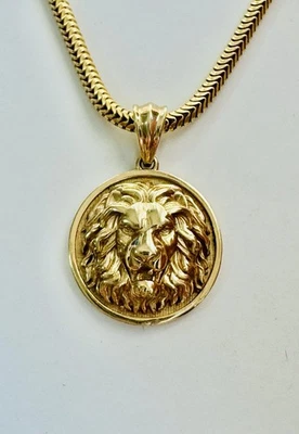 14k Gold Schlangenkette Halskette mit rundem Löwen Münzanhänger, 585 Karabiner - Bild 1 von 4