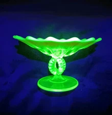 Vintage Northwood Canary Vaseline Opalescent Beaded Compote Glass Bowl Uv React.