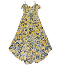 IZ Byer Women's dress, marigold and navy floral faux wrap, flare, Size XS