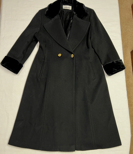 Cappotto donna vintage Leslie Faye lungo nero pelliccia sintetica colletto polsini taglia 12 - Foto 2 di 13