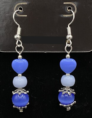 Handmade Glass Heart & Blue Glass Tiger Eye Bead Earrings by Neanie-Bot