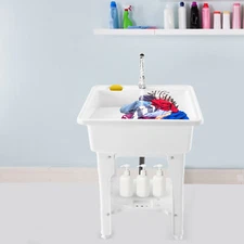 Freestanding Plastic Laundry Sink with Washboard, Indoor Outdoor Utility Sink