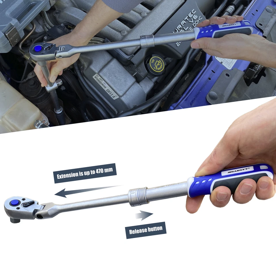 Teleskop-Knarre-Ratsche ausziehbar Gelenk Umschaltknarre 1/4 1/2 3/8 Zoll 72Z - Bild 3 von 4