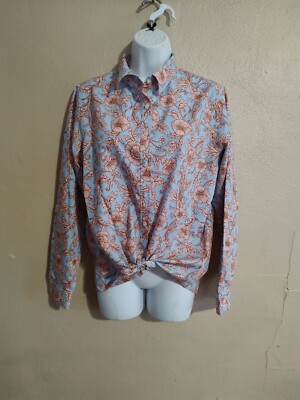 Blue Beige Floral Print Blouse Button Up Shirt SZ 12 Medium