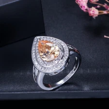 Silver Plated Cubic Zirconia Champagne Tear Drop Engagement Ring for Women Party