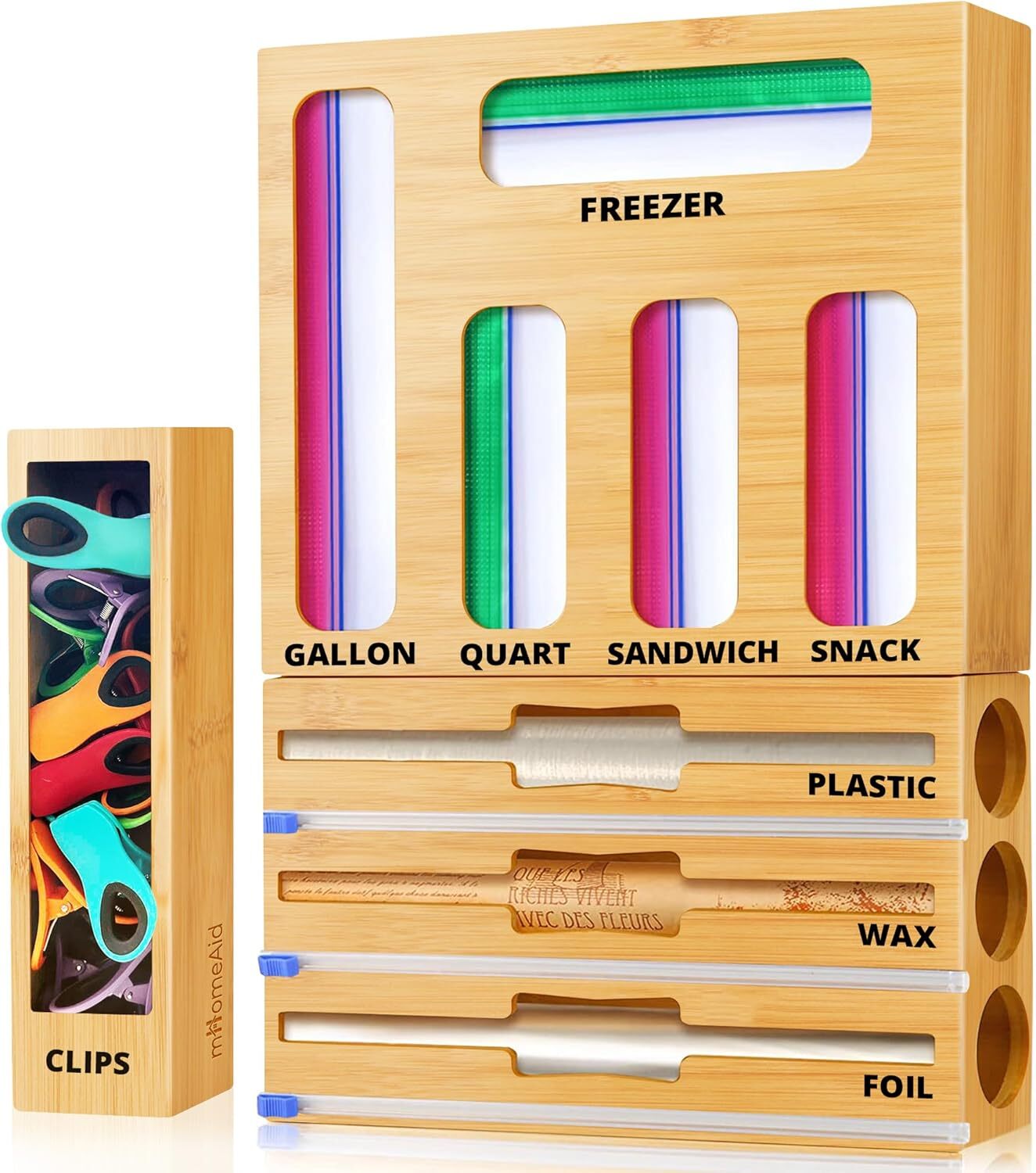 Foil and Saran Wrap Organizer with Built-In Cutter - Natural Wood Storage-image