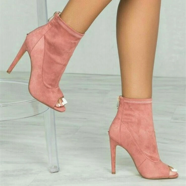 Nuevo Sexy Mujeres Gamuza Botines Tacones Altos Stiletto Punta Abierta Talla Grande 4.5-12.5 Foto 3 de 4