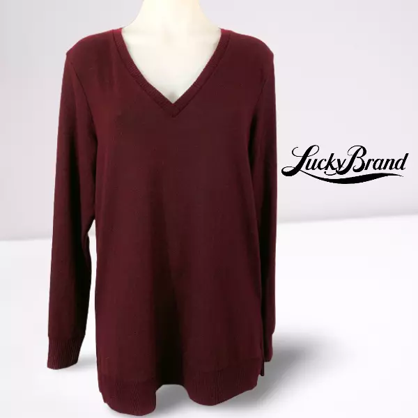 LUCKY BRAND Womens Burgundy Sweater Sweatshirt V-Neck Size S P