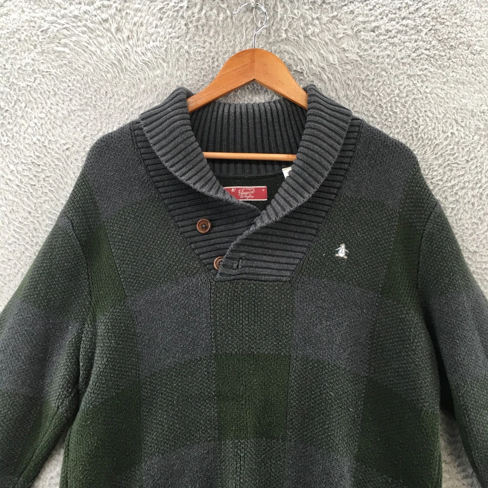 Penguin Shawl Pullover Sweater Mens M Green Cotton Blend Check Long Sleeve Knit - Image 2 of 4