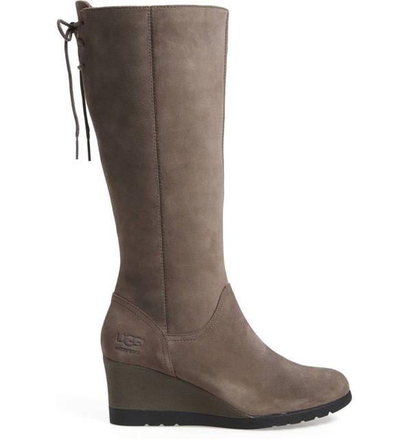 UGG "DAWNA" WATERPROOF GREY SUEDE LACE BOW KNEE HIGH WEDGE BOOTS SZ 9.5