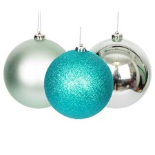 3 Turquoise Shatterproof Christmas Baubles 10cm Glitter Matte Shiny Finish Decor