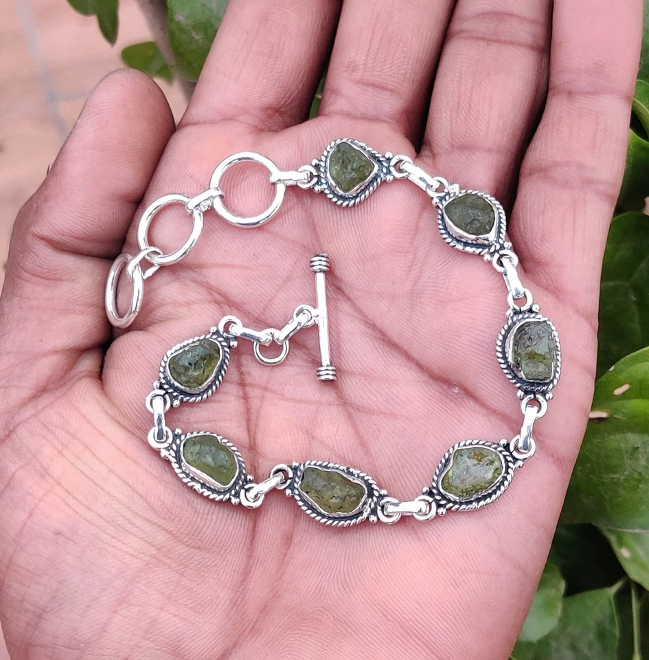 Pulsera Moldavita Plata de Ley 925 Hecha a Mano Gloriosa Ajustable PG1324 Foto 2 de 2