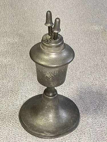 Antique Pewter Fluid or Whale Oil Lamp Bulb-Shaped Reservoir Two Burners - Picture 7 of 11