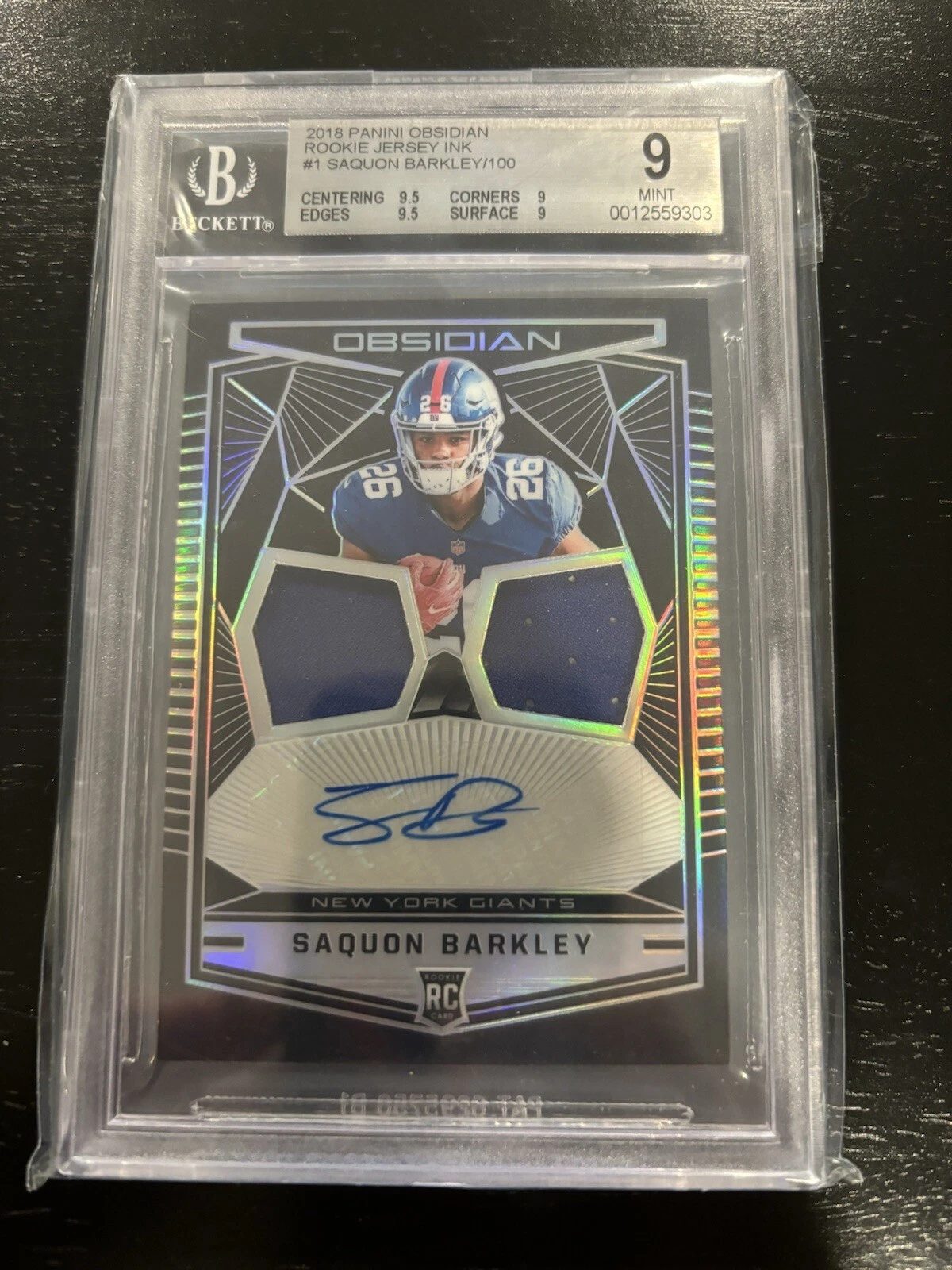 2018 Panini Obsidian - Rookie Jersey Ink Dual Relics #1 Saquon Barkley /100