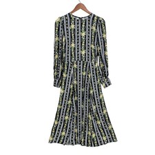 REFORMATION Creed Dress 6 Long Sleeve Midi Slit Black Yellow Floral Stripe W673