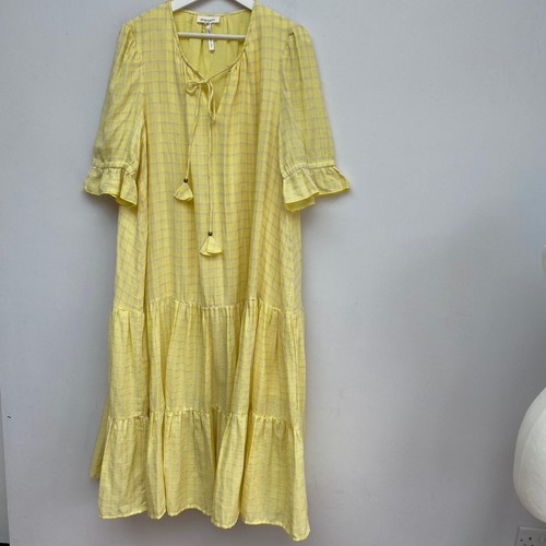 Thought Dress Size 18 Yellow Tiered Midi Prairie Check CottageCore Tie Neck Boho - Picture 9 of 12