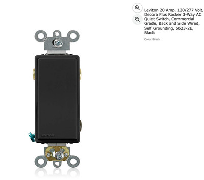 QTY 18 - Leviton 20 Amp, 5623-2E, Decora Plus Rocker 3-Way Quiet Switch, Black