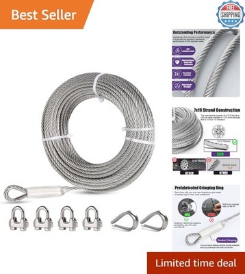 Complete 75ft Wire Rope Kit: Stainless Steel Cable, Clamps & Thimbles Included