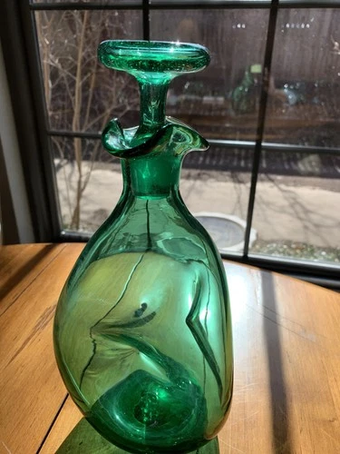 Vintage Blenko Glass 49 Three Sided Pinched Green Decanter with stopper  10-1/2"