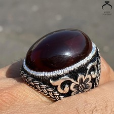 Authentic Red Yemeni Aqeeq Ring Natural Agate Handmade Men’s Oval Stone Jewelry