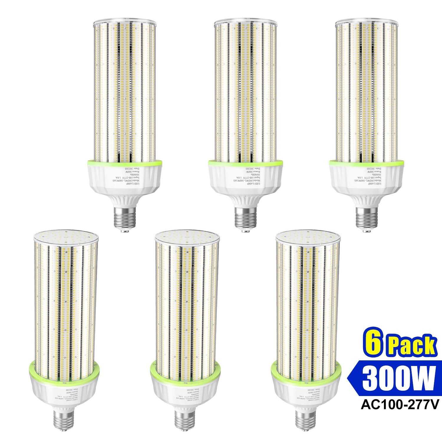 6 Pack 300W LED Corn Light Bulb Warehouse Workshop High Bay Light 5000K E39 Base