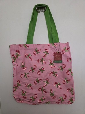 Pink Canvas Candy Cane Tote Bag Santa's Workshop Christmas Holiday Cotton 