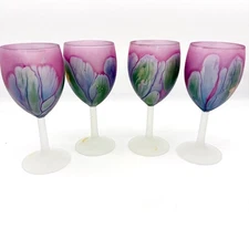 VTG Rueven Art Glass Satin Frosted Tulip Hand Painted Wine Goblets Set 4 France