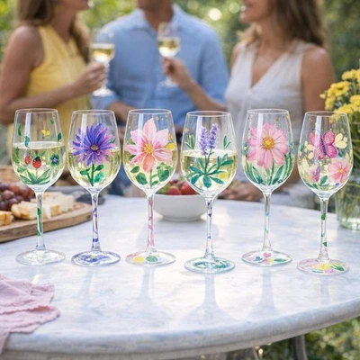 Hand Painted Wine Glass Floral Mothers Day Gift Hand Wash Decorative Glassware - Image 1 of 2