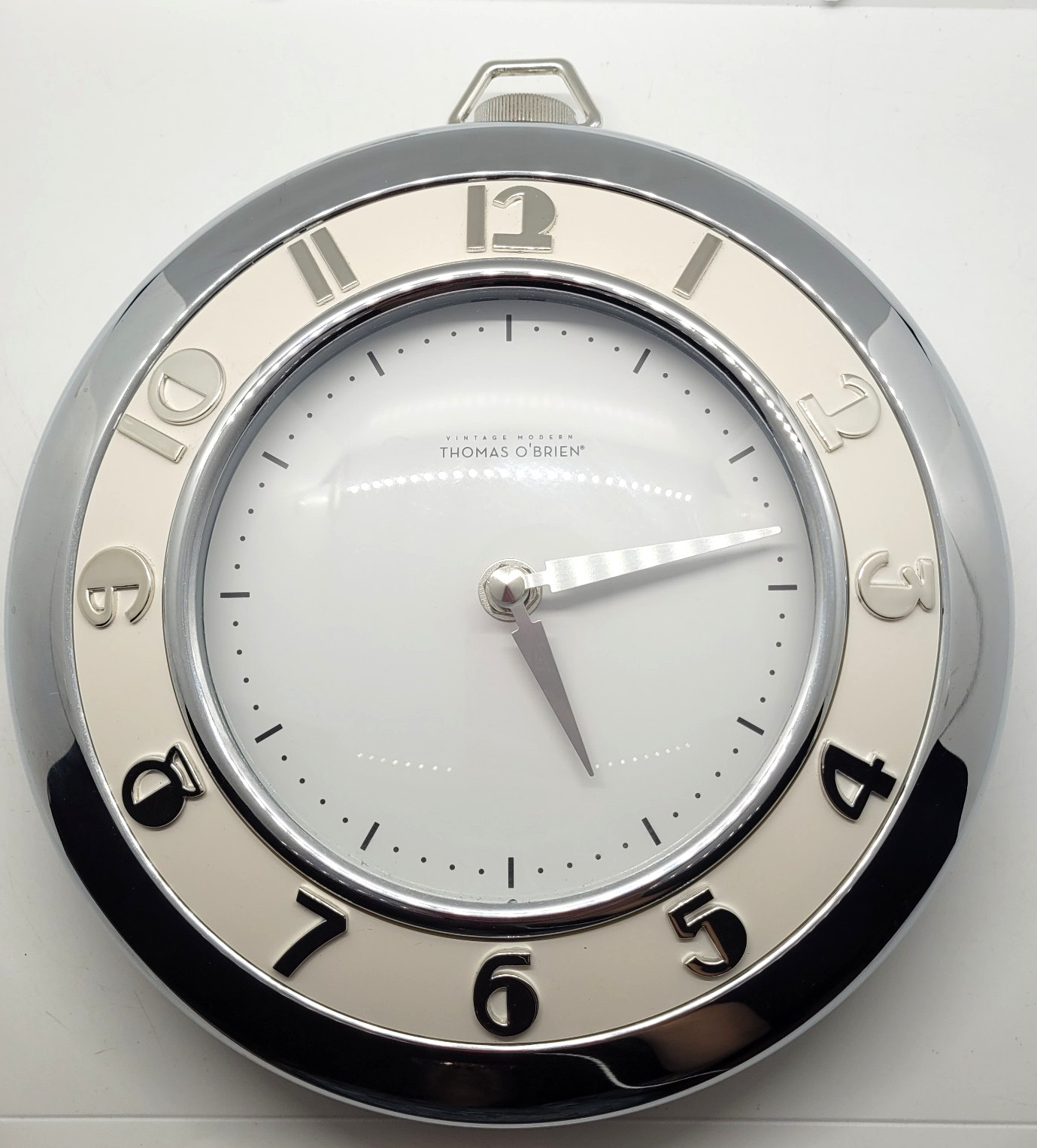 Thomas OBrien Silver Wall Clock Vintage Modern Raised Numbers Designer Decor