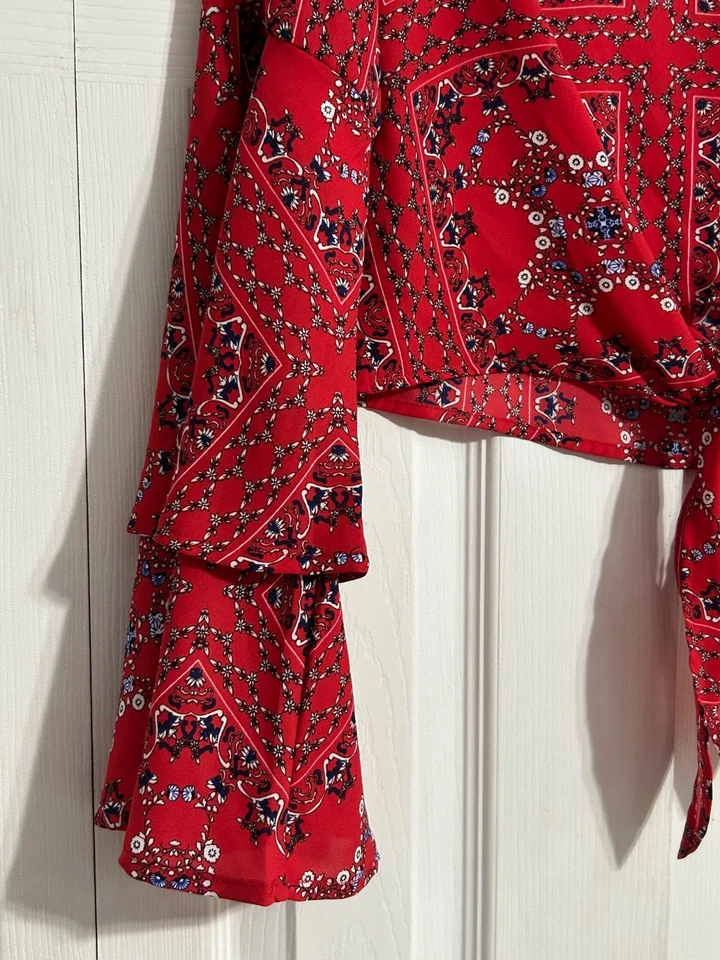 NWT Altar'd State Size XS Red Bandana Print MacKenzie Bell Sleeve Tie Front Top - Image 3 of 4