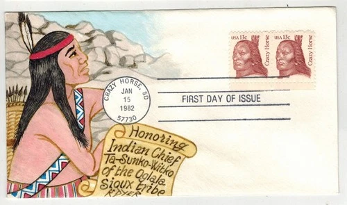 RALPH DYER HANDPAINTED FDC 1855 OGLALA SIOUX INDIAN CHIEF CRAZY HORSE S. DAKOTA