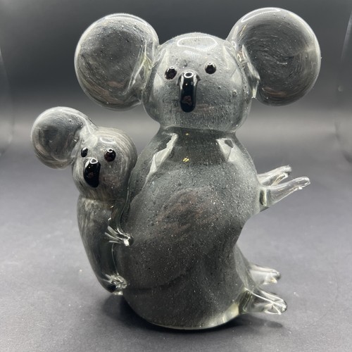 Koala Bear & Baby Koala Joey Gray Heavy Blown Glass Figurine Paperweight