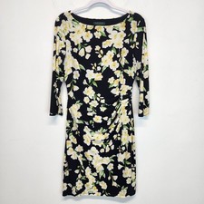 Ralph Lauren Side Ruched Sheath Dress Size 10 Yellow Floral 3/4 Sleeve Office