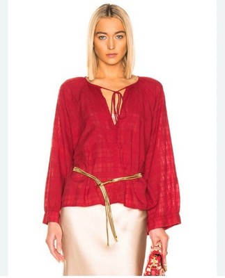 Nili Lotan Aliva Top Sheer Red Plaid Medium Semi Sheer Boho Party Career Luxury