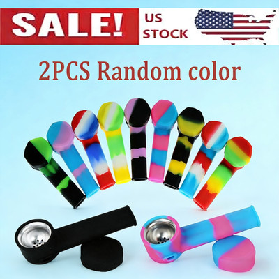 2PCS Mini Silicone Smoking Pipe 3.4'' with Metal Bowl & Cap Lid