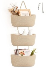 Over The Door Hanging Basket Storage 3-Tier Woven Wall Basket, Jute